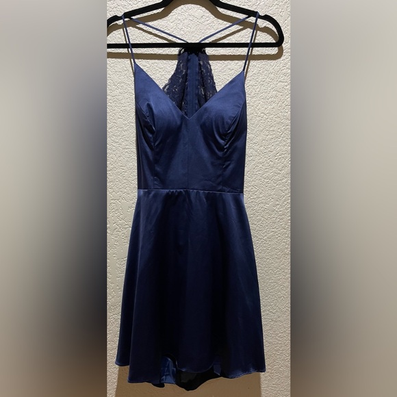 NWT B Darling Satin Lace Back Mini Dress Junior Size 11-12 Navy Blue - Picture 3 of 9
